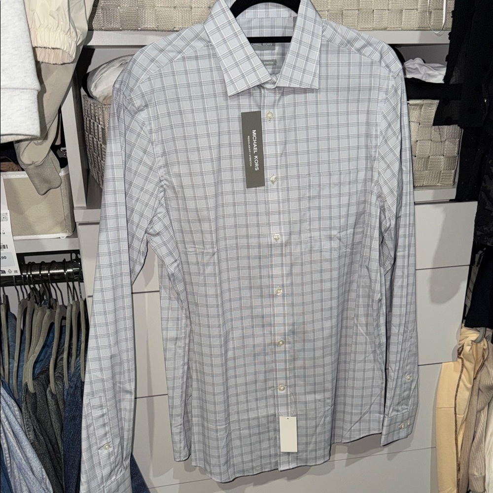 Michael Kors Light Gray Plaid Dress Shirt NWT